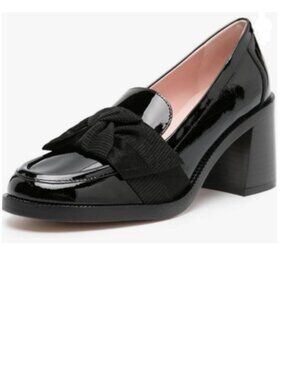 Maiyang Black Round Toe Bowknot Loafers Slip on Chunky Mid Heel Pumps